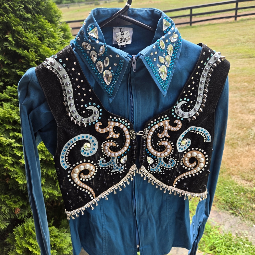 Teal and Black Embellished Women's Blazer